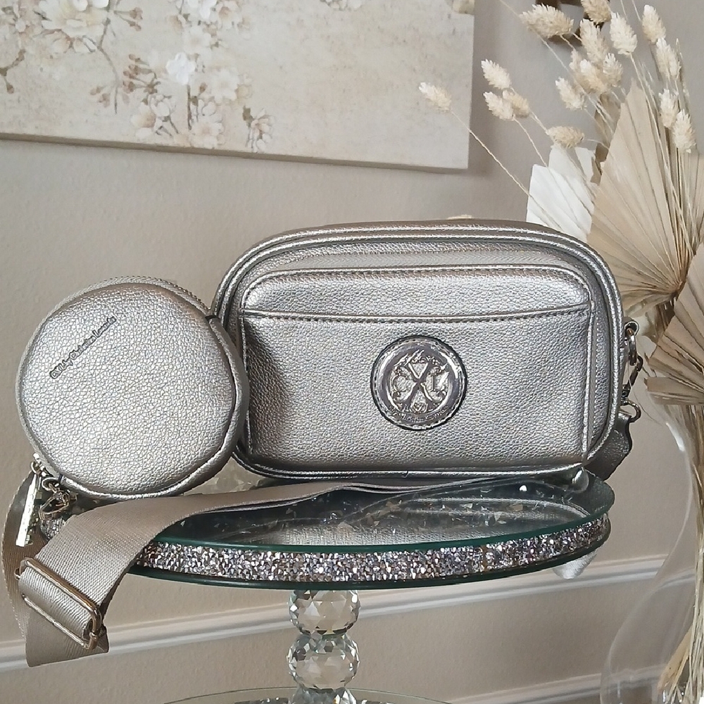 New Christian Lacroix Metallic Silver Faux Leather Crossbody Camera Bag + Pouch